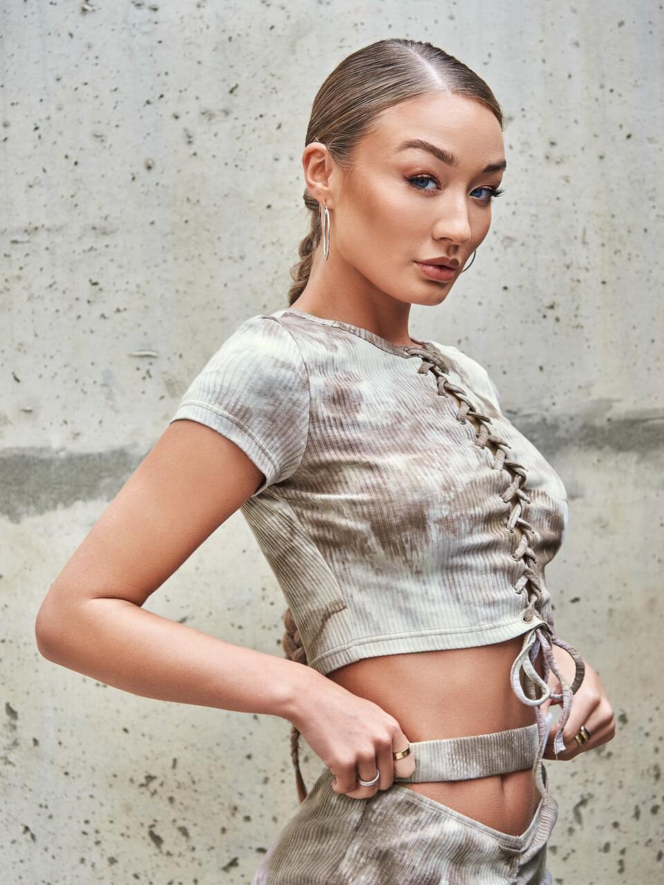 Tie Dye Lace Up Knot Crop Tee