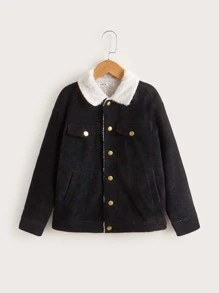 SHEIN Boys Flap Detail Drop Shoulder Borg Collar Jacket - Black - View 1