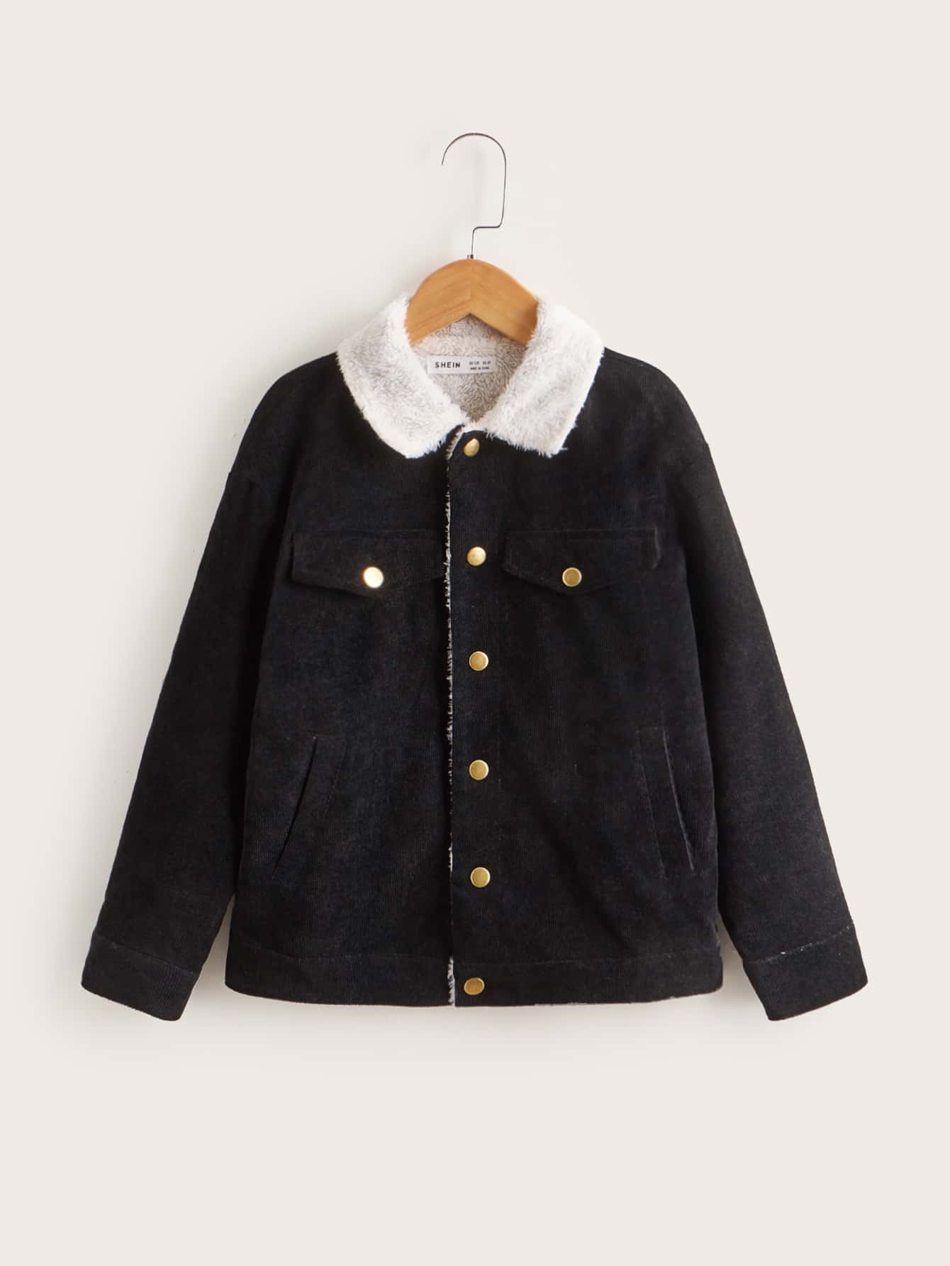 SHEIN Boys Flap Detail Drop Shoulder Borg Collar Jacket - Black - View 1