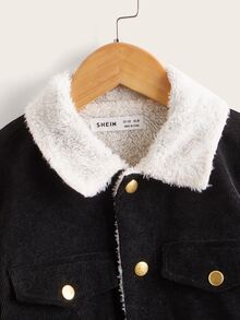 SHEIN Boys Flap Detail Drop Shoulder Borg Collar Jacket - Black - View 3