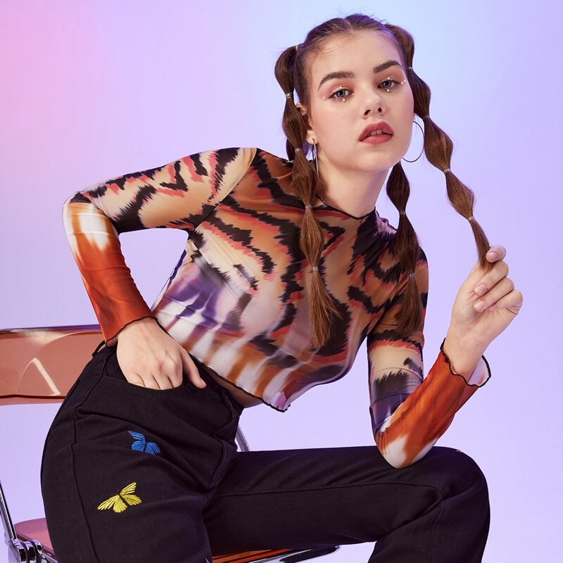 

Graphic Print Mesh Crop Top, Multicolor