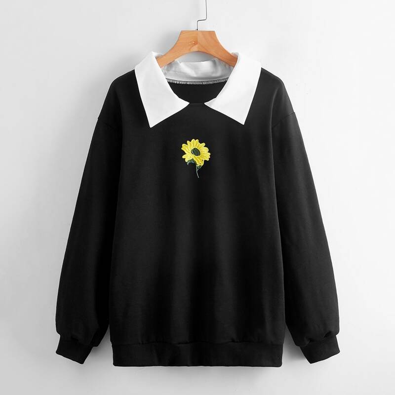 

Contrast Collar Floral Embroidery Sweatshirt, Black