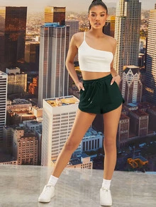 SHEIN EZwear Drawstring Waist Solid Track Shorts - Army Green - View 3