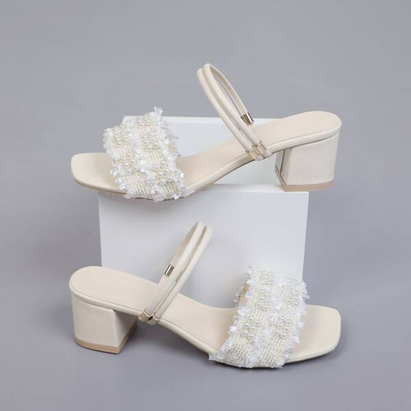 

Faux Pearls & Fringe Decor Slide Sandals, Beige
