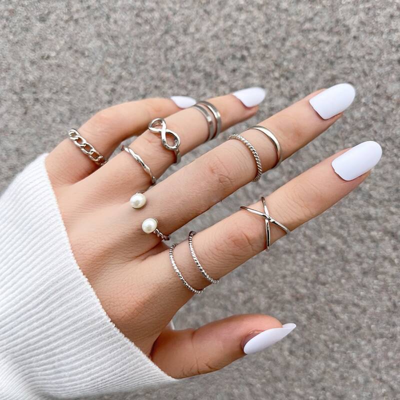 

9pcs Faux Pearl Ring, Silver