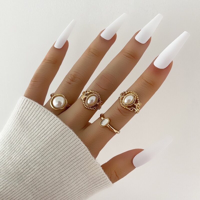 

4pcs Faux Pearl Ring, Gold