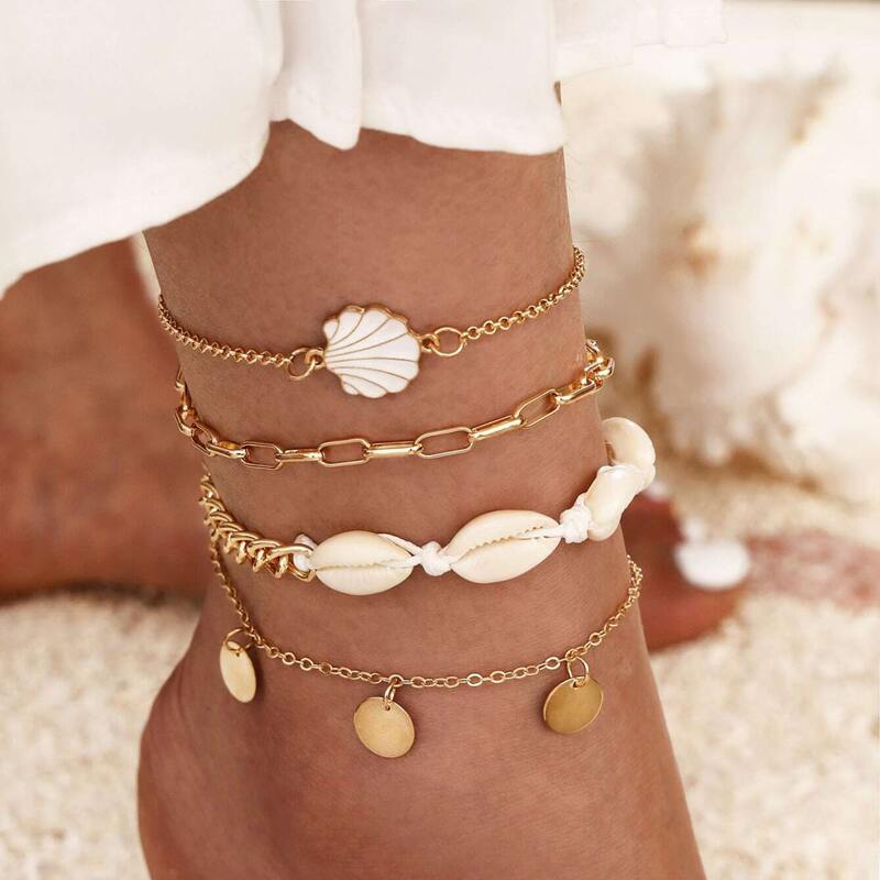 

4pcs Shell Decor Chain Anklet, Gold