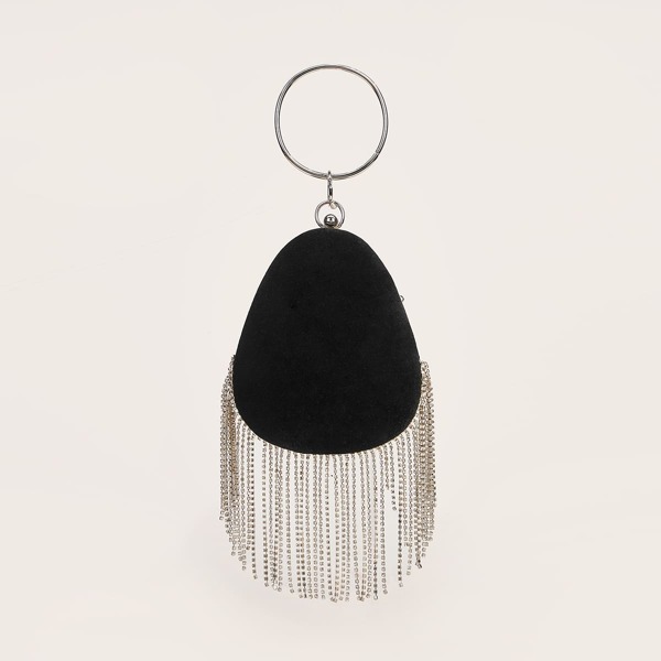 

Tassel Decor Metal Handle Circle Bag, Black