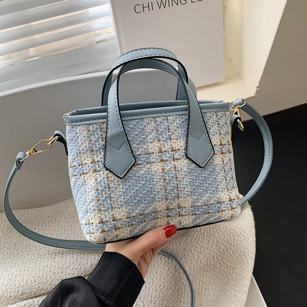 

Tweed Plaid Pattern Bucket Bag, Blue