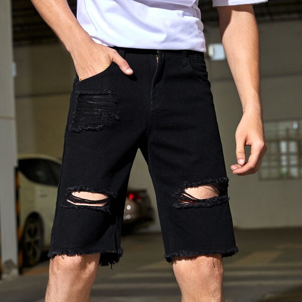 

Men Ripped Frayed Raw Hem Slant Pocket Denim Shorts, Black