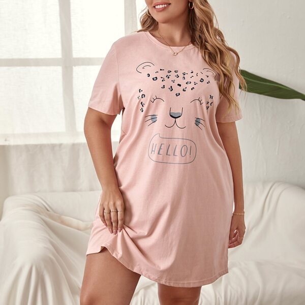 

Plus Letter & Cartoon Graphic Night Dress, Baby pink