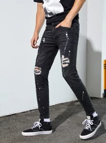 Męskie Spodnie Dżinsowe Podarte Graficzny - Czarne - Zobacz 3