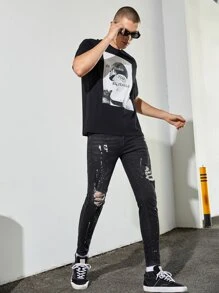 Męskie Spodnie Dżinsowe Podarte Graficzny - Czarne - Zobacz 4