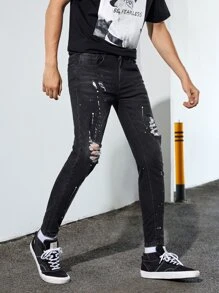 Męskie Spodnie Dżinsowe Podarte Graficzny - Czarne - Zobacz 5