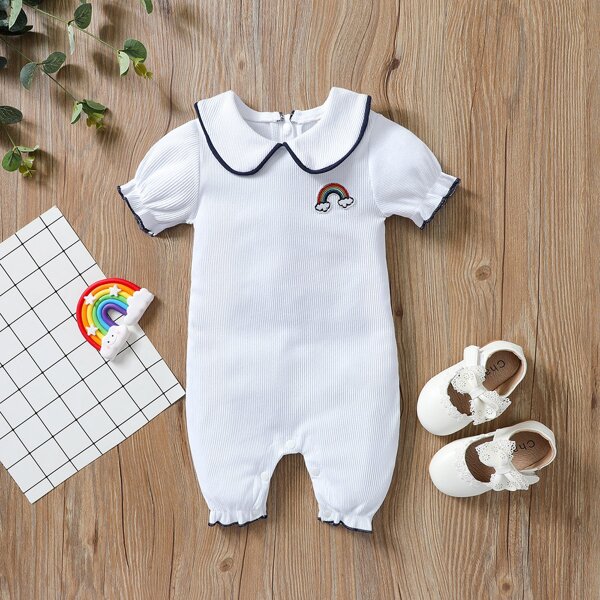 

Baby Girl Rainbow Patched Contrast Binding Tee Romper, White