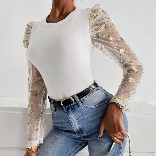 

Appliques Contrast Mesh Sleeve Top, White