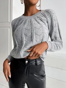 Pointelle Knit Raglan Sleeve Jumper - Grey - View 4