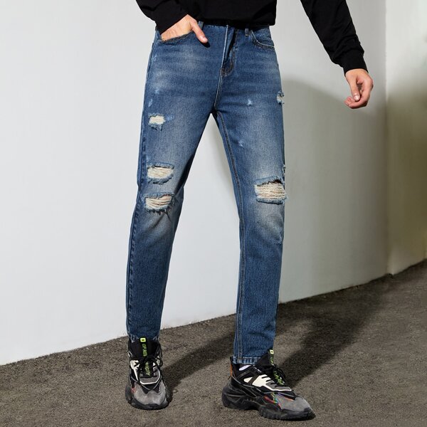 

Men Ripped Frayed Cat Scratch Tapered Jeans, Medium wash