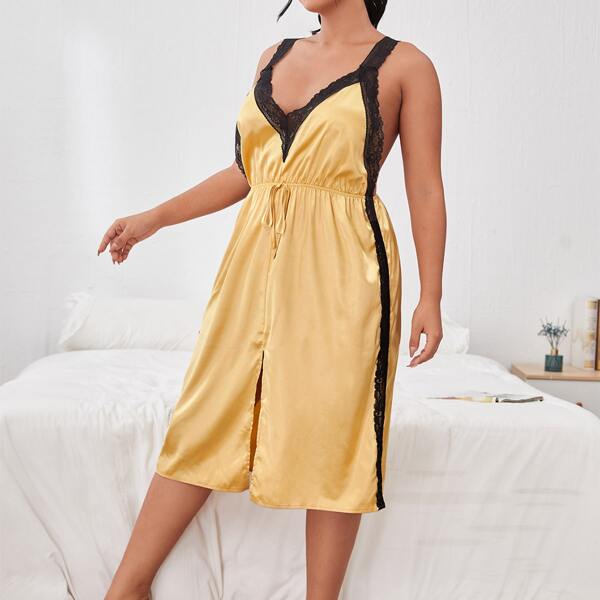 

Plus Contrast Lace Trim Backless Satin Night Dress, Yellow