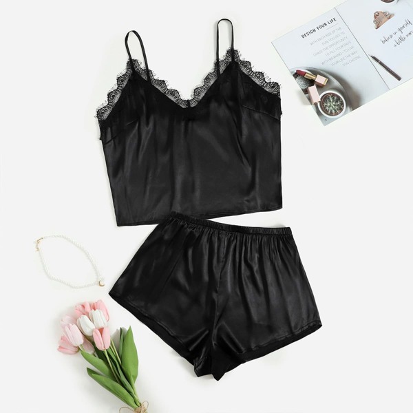

Plus Lace Trim Satin Pajama Set, Black