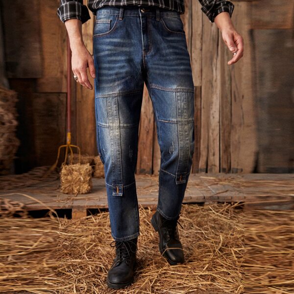 

Men Stone Wash Topstitching Jeans, Dark wash