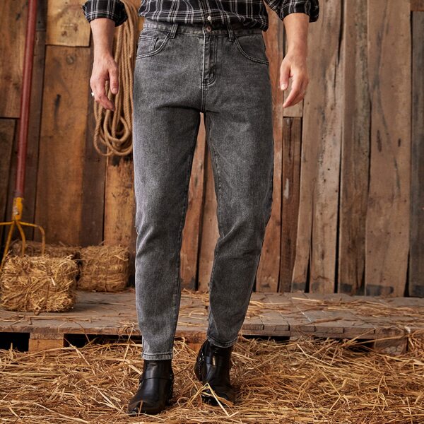 

Men Button Fly Carrot Jeans, Grey
