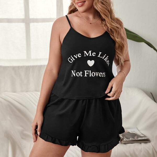 

Plus Slogan Graphic Ruffle Hem Pajama Set, Black