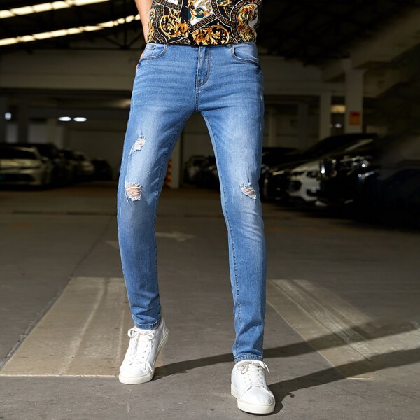 

Men Stone Wash Ripped Skinny Jeans, Medium wash