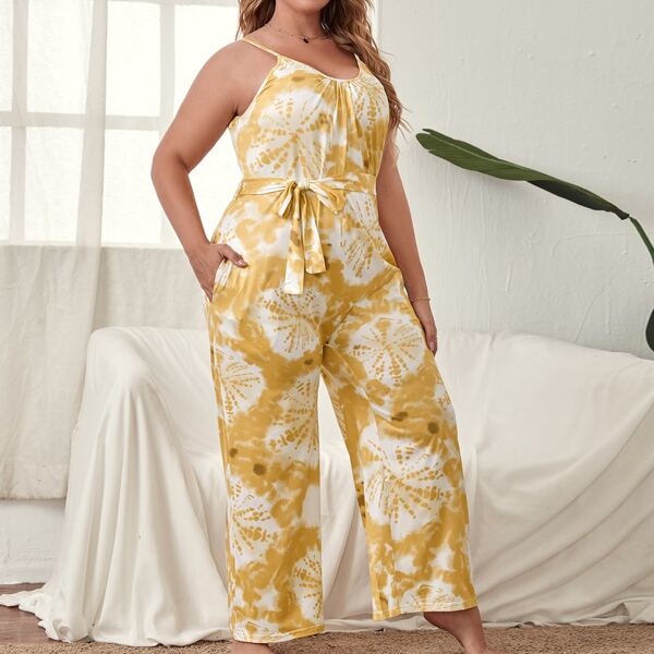 

Plus Tie Dye Belted Hidden Pocket Cami Sleep Dress, Yellow
