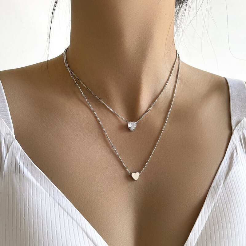 

Heart Design Layered Chain Necklace, Silver