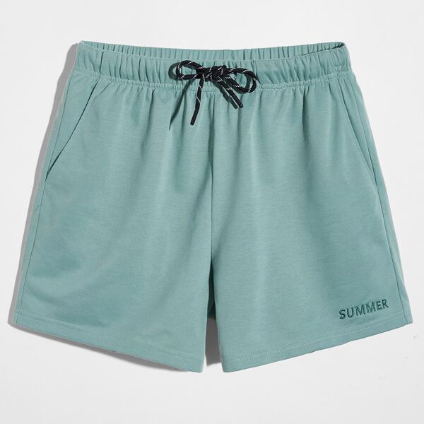 

Men Drawstring Waist Letter Embroidered Shorts, Green