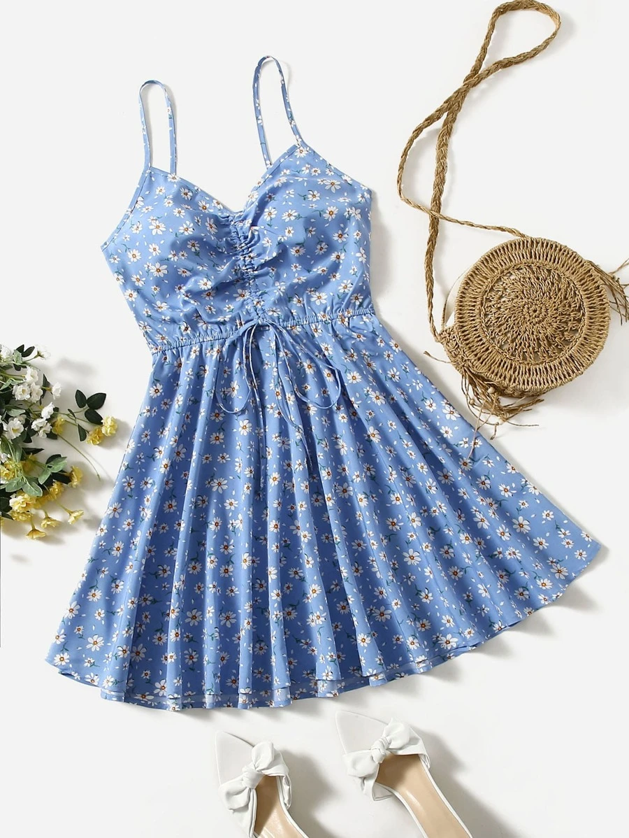 Soleia Ditsy Floral Drawstring Cami Dress - Blue - View 1
