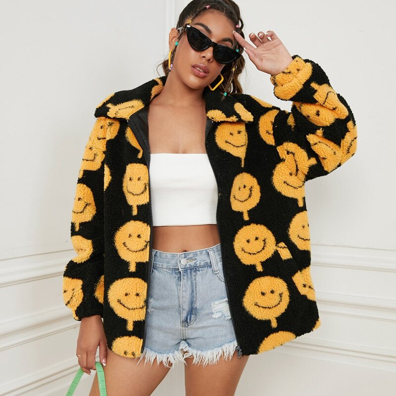 

Cartoon Pattern Drop Shoulder Zipper Teddy Jacket, Multicolor