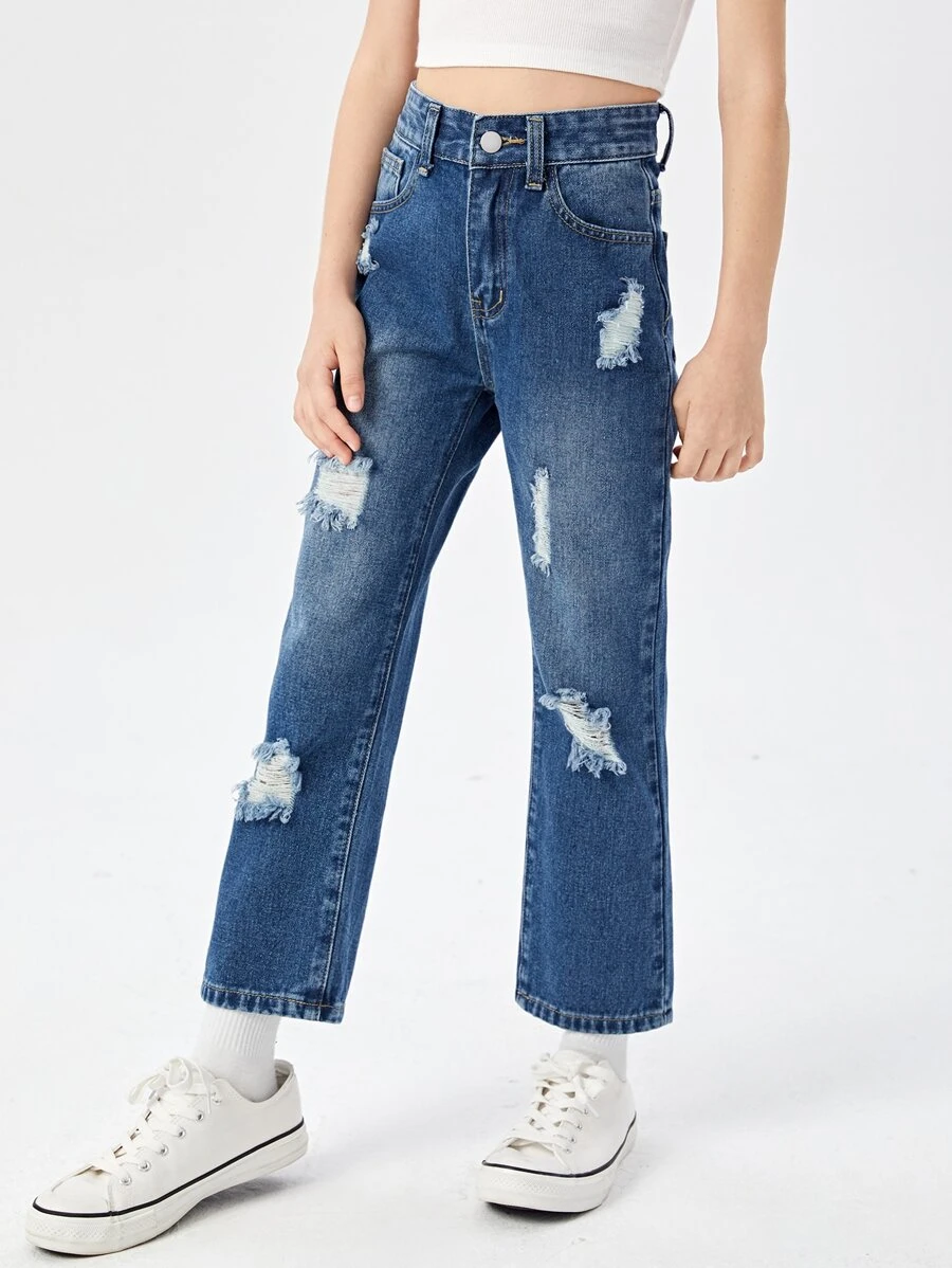 Girls High Waist Bleach Wash Ripped Straight Leg Jeans - Dark Wash - View 1