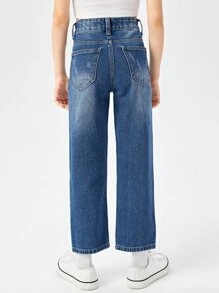 Girls High Waist Bleach Wash Ripped Straight Leg Jeans - Dark Wash - View 2