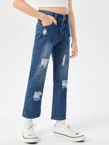 Girls High Waist Bleach Wash Ripped Straight Leg Jeans - Dark Wash - View 3