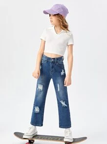 Girls High Waist Bleach Wash Ripped Straight Leg Jeans - Dark Wash - View 4