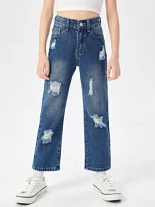 Girls High Waist Bleach Wash Ripped Straight Leg Jeans - Dark Wash - View 5
