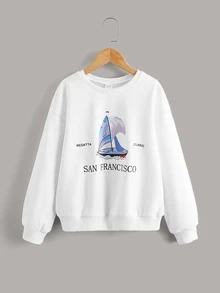 SHEIN Girls Letter & Graphic Print Pullover - White - View 1