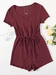 SHEIN EZwear Plus Notched Neck Drawstring Waist Waffle Knit Romper - Redwood - View 1