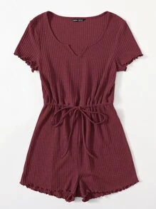 SHEIN EZwear Plus Notched Neck Drawstring Waist Waffle Knit Romper - Redwood - View 5