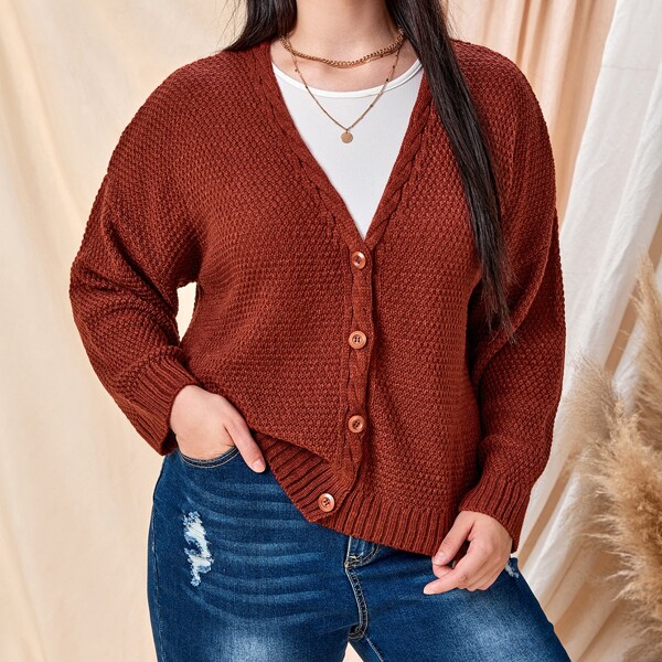 

Plus Drop Shoulder Button Up Cardigan, Rust brown