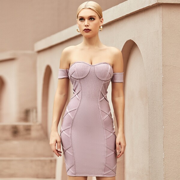 

Crisscross Off Shoulder Bodycon Dress, Baby pink