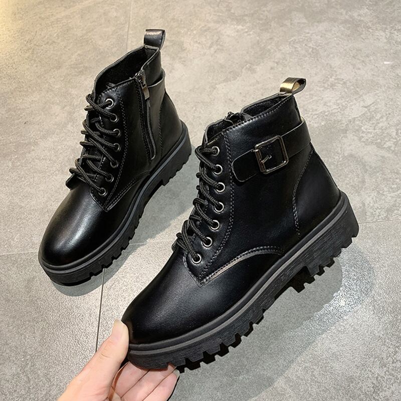 

Buckle Decor Lace-up Front Boots, Black
