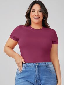 SHEIN BASICS 大碼圓領素色緊身T恤 - 玫瑰紅 - 查看 3