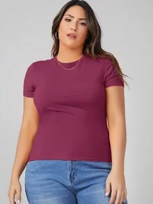 SHEIN BASICS 大碼圓領素色緊身T恤 - 玫瑰紅 - 查看 4