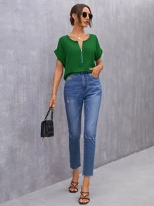 SHEIN LUNE 拉鏈門襟翻折袖襯衫 - 綠色 - 查看 5