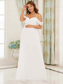 EVERPRETTY Maternity Cold Shoulder Zip Back Chiffon Elegant Dress, For Party - White - View 4