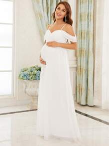EVERPRETTY Maternity Cold Shoulder Zip Back Chiffon Elegant Dress, For Party - White - View 5