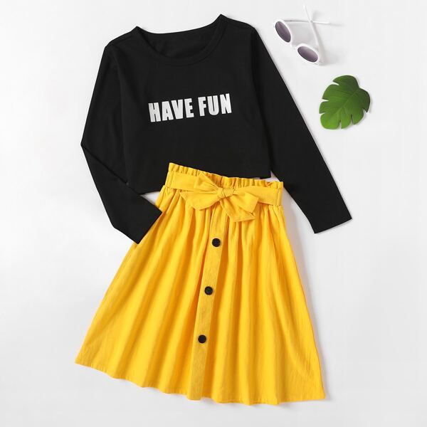 

Girls Slogan Graphic Top & Single Breasted Solid Skirt, Multicolor